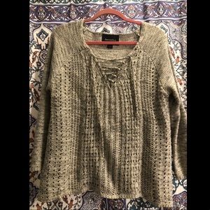 Lovemarks Grey Lace-Up Woven Marled Sweater
